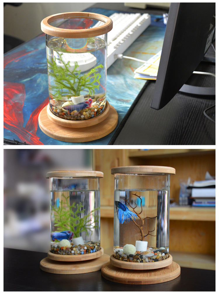 Small Office Glass Aquarium Bamboo Base Mini Fish Tank Decoration Fish Bowl ex:4