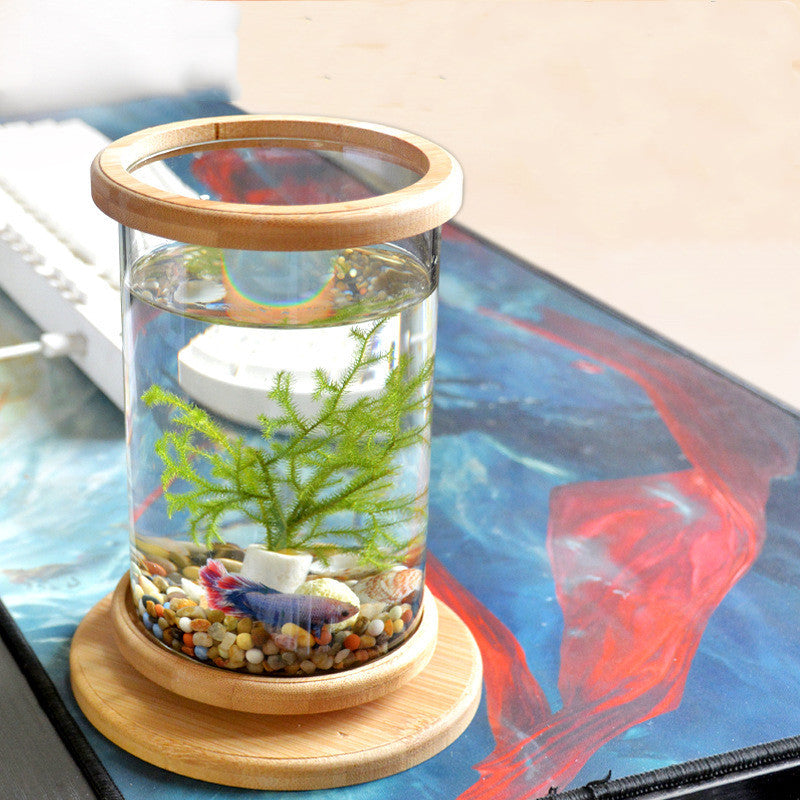 Small Office Glass Aquarium Bamboo Base Mini Fish Tank Decoration Fish Bowl ex:3