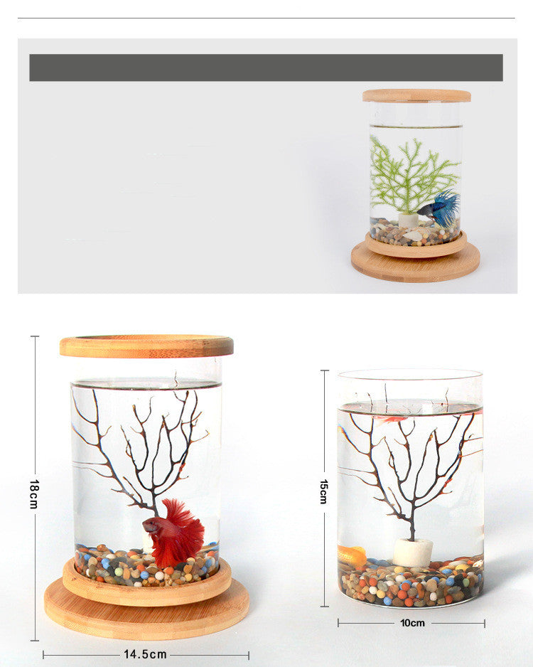 Small Office Glass Aquarium Bamboo Base Mini Fish Tank Decoration Fish Bowl ex:2
