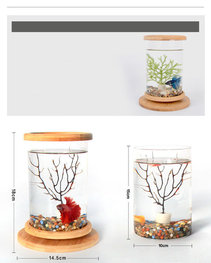 Small Office Glass Aquarium Bamboo Base Mini Fish Tank Decoration Fish Bowl ex:2