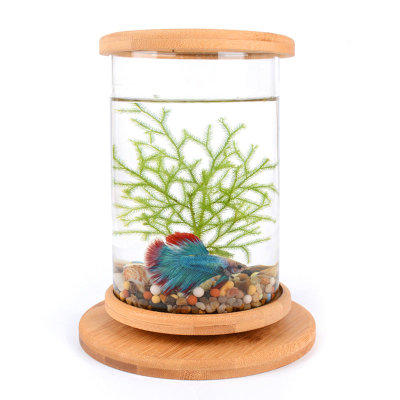 Small Office Glass Aquarium Bamboo Base Mini Fish Tank Decoration Fish Bowl ex:1
