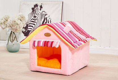 pink Striped Removable Cover Mat House & Beds For Small Medium Cats & Dogs 